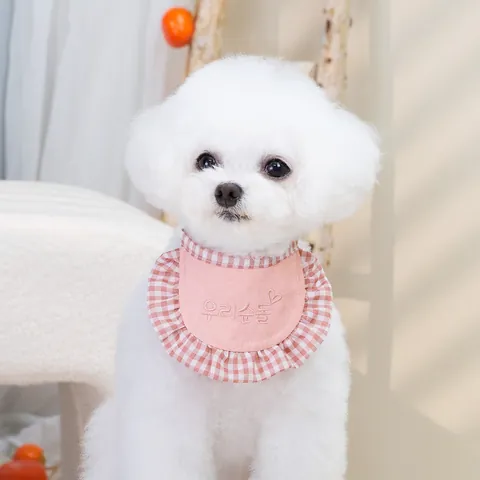 Korean Style Pet Bib Saliva Towel Plaid Ruffle Edge Cotton Embroidered Dog Cat Neck Bandana Soft Scarf Accessories