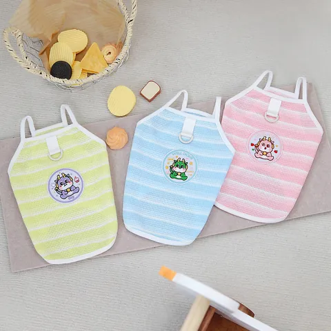 Summer Striped Pet Dog Cat Vest Breathable Polyester Strap Dress With Leash D-Ring And Cartoon Dragon Embroidery Patch