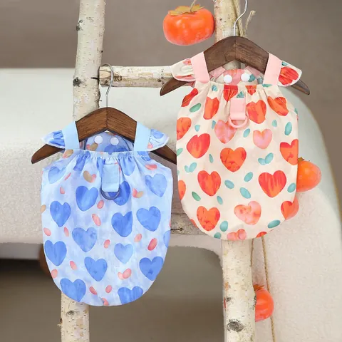 Cute Heart Print Pet Dog Cat Shirt Harness Vest With D-Ring Ruffle Sleeves Soft Breathable Puppy Kitten Summer Clothing