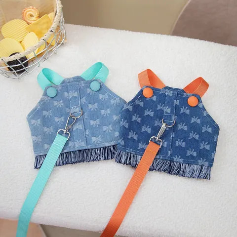 Pet Dog Harness And Leash Set Cotton Denim Vest With Butterfly Star Print Fringe For Small Dogs Puppy Outdoor Walking Harness