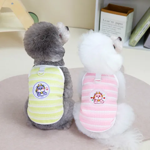 Summer Striped Pet Dog Cat Vest Breathable Polyester Strap Dress With Leash D-Ring And Cartoon Dragon Embroidery Patch