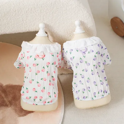Floral Pet Dog Shirt Summer Breathable Polyester Lace Ruffle Collar Tulip Print Puppy Cat Clothing With D-Ring Small Pets