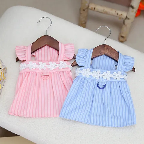 Striped Pet Dog Cat Princess Dress With Lace Flower Decoration And Harness Ring Fly Sleeve Summer Puppy Kitten Clothing