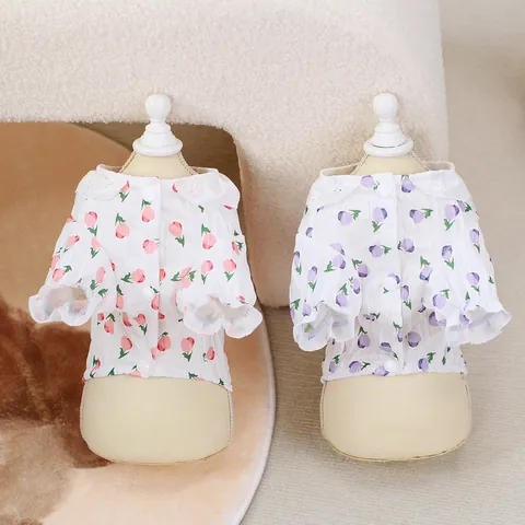 Floral Pet Dog Shirt Summer Breathable Polyester Lace Ruffle Collar Tulip Print Puppy Cat Clothing With D-Ring Small Pets