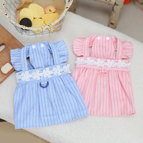Striped Pet Dog Cat Princess Dress With Lace Flower Decoration And Harness Ring Fly Sleeve Summer Puppy Kitten Clothing