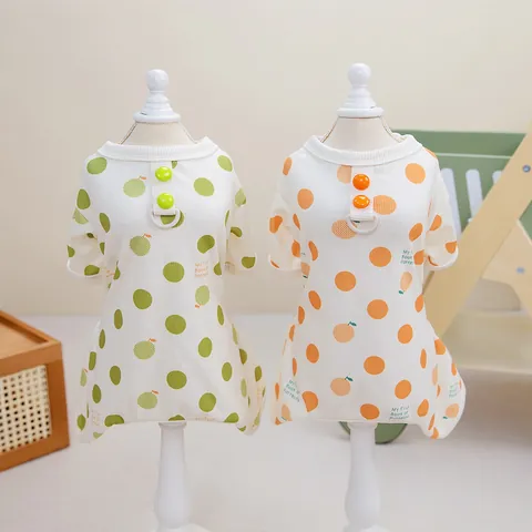 Weicher Polka Dot Haustier Schlafanzug Für Kleine Hunde Katzen Polyester Fruchtdruck Atmungsaktiv Hund Overall Welpen Hauskleidung Gerippte Bündchen Kostüm Grün Orange
