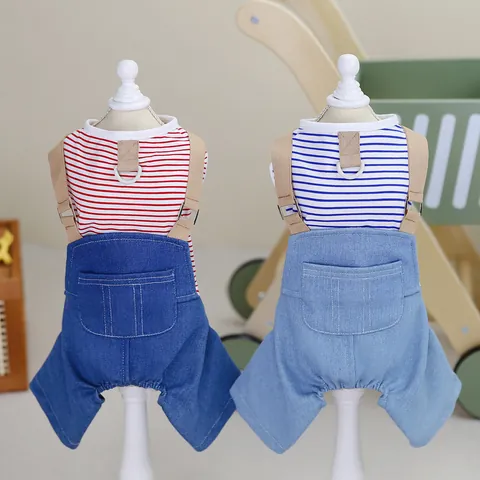 Pet Overalls Stripe T-Shirt Denim Jumpsuit With Adjustable Straps D-Ring Small Dog Cat Clothes Puppy Apparel For Teddy Bichon