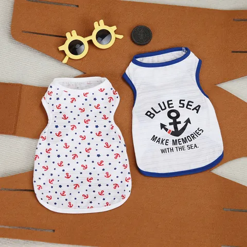 Gilet Nautique pour Animaux de Compagnie en Coton Respirant Débardeur Chien Chat Motif Ancre Étoile Vêtements d'Été pour Animaux