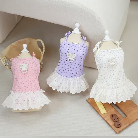 Vestito per Cani Gatti a Fiori Con Bordo in Pizzo Fiocco Cotone a Costine Abiti Principessa Estate Con Anello a D per Trazione Vestito E Guinzaglio