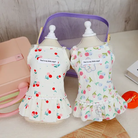 Sommer Haustier Hund Prinzessin Kleid Baumwolle Kirsche Blumenmuster Welpen Rock Mit Rüschensaum Kleiner Engel Etikett Für Hunde Katzen