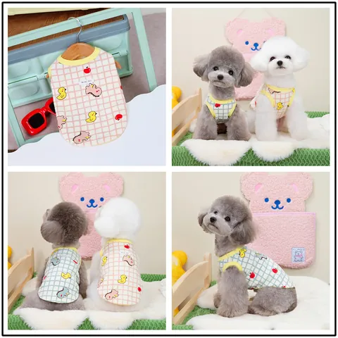 Gilet d'Été à Carreaux pour Animaux Débardeur Chien Chat Mélange de Coton Respirant Imprimé Dessin Animé Vêtements Chaton
