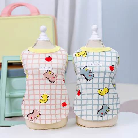 Gilet d'Été à Carreaux pour Animaux Débardeur Chien Chat Mélange de Coton Respirant Imprimé Dessin Animé Vêtements Chaton