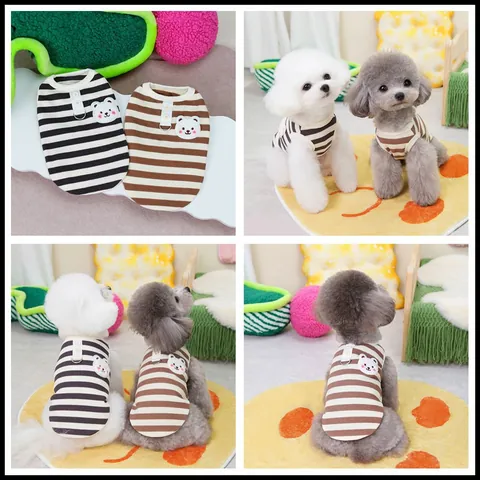 Pet Dog Cat Striped Knit Vest With Bear Patch Metal D-Ring For Small Medium Dogs Casual Sleeveless Puppy Shirt Cotton Clothes
