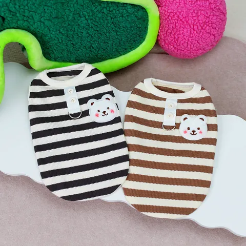 Pet Dog Cat Striped Knit Vest With Bear Patch Metal D-Ring For Small Medium Dogs Casual Sleeveless Puppy Shirt Cotton Clothes