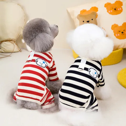 Gestreifter Haustier Hund Jumpsuit Baumwollmischung Vierbeinige Kleidung Mit Hundeflicken Und D-Ring Für Kleine Hunde Katzen