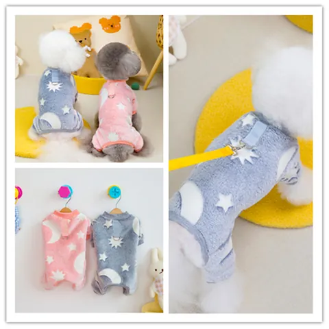 Luminous Glow In The Dark Soft Coral Fleece Pet Pajamas Star Moon Pattern Dog Jumpsuit Warm Winter Nightwear For Small Dogs Cats