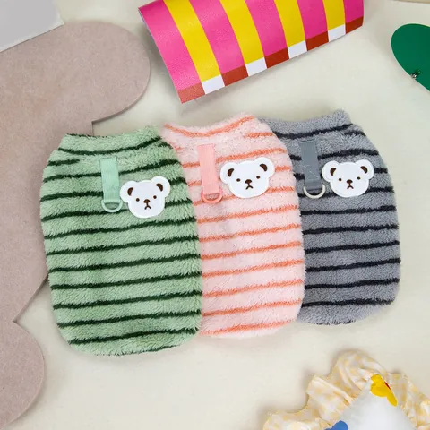 Koreaanse Stijl Gestreepte Huisdier Fleece Vest Beer Patch Warme Kleine Hond Kat Kleding Puppy Kitten Zachte Pluche Jas Met D-Ring