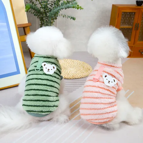 Koreaanse Stijl Gestreepte Huisdier Fleece Vest Beer Patch Warme Kleine Hond Kat Kleding Puppy Kitten Zachte Pluche Jas Met D-Ring