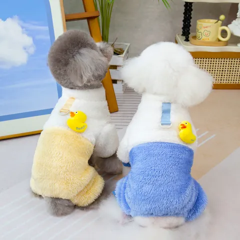 Cute Cartoon Duck Pet Jumpsuit Warm Fleece Four-Legged Dog Clothes With Harness D-Ring Winter Puppy Pajamas For Small Medium Dogs