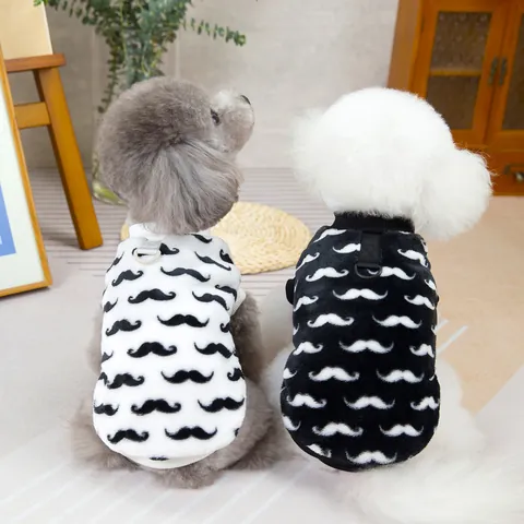 Mustache Print Pet Dog Cat Fleece Vest Sweater With D-Ring Leash Attachment Warm Winter Puppy Kitten Harness Clothing