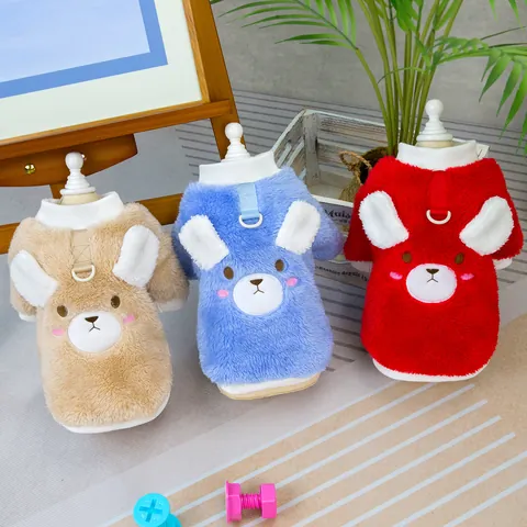 Soft Fleece Pet Hoodie For Dogs And Cats Cartoon Bear Pattern With Leash D-Ring Warm Winter Puppy Clothes Wings Decor