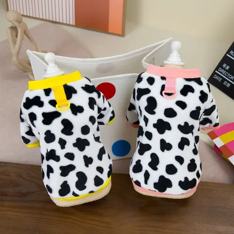 Cow Print Pet Dog Cat Warm Fleece Vest With Leash D-Ring Soft Winter Autumn Puppy Kitten Clothing For Small Medium Dogs