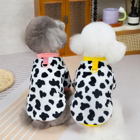 Cow Print Pet Dog Cat Warm Fleece Vest With Leash D-Ring Soft Winter Autumn Puppy Kitten Clothing For Small Medium Dogs