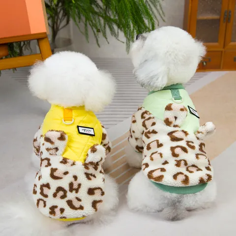 Leopard Print Patchwork Pet Winter Coat Warm Quilted Dog Jacket With Leash D-Ring Small Medium Dog Fleece Apparel