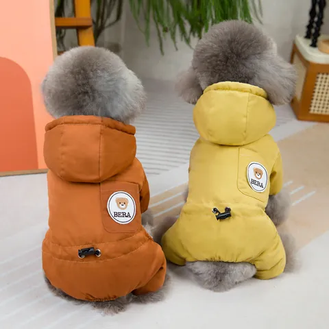 British Style Pet Padded Coat Four Legged Winter Dog Jacket With Bear Embroidery Hooded Warm Washed Cloth Clothes For Cats Dogs