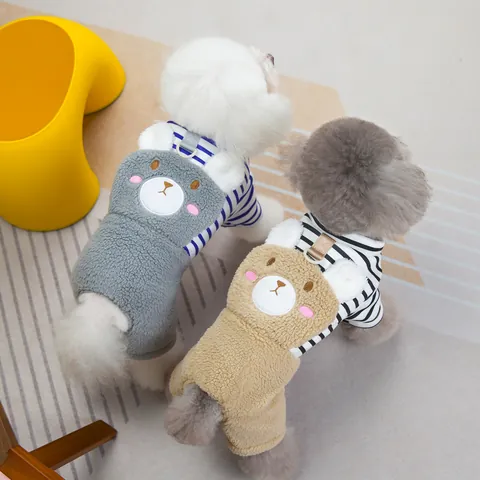Warm Pet Jumpsuit Striped Dog Clothes Four Legged Sherpa Coat With Leash D-Ring Bear Embroidery Winter Puppy Pajamas Apparel