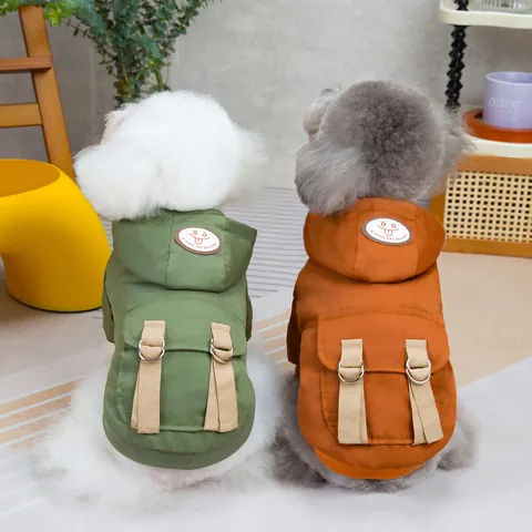 British Cargo Style Pet Dog Winter Coat Fleece Lined Hooded Jacket With D-Ring Buckle Warm Padded Hoodie For Small Medium Dogs Cats