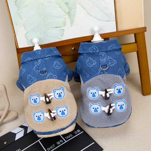 Pet Dog Cat Winter Warm Cotton Padded Jacket With Leash D-Ring Bear Print Denim Patchwork Duffle Button Puppy Apparel