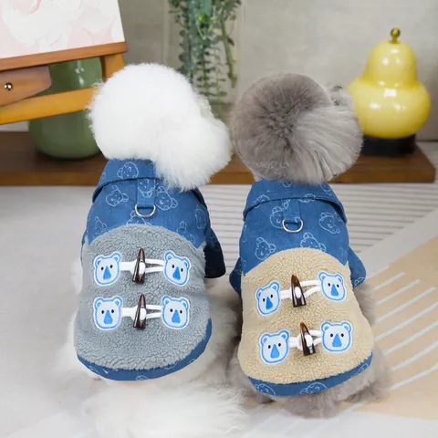 Pet Dog Cat Winter Warm Cotton Padded Jacket With Leash D-Ring Bear Print Denim Patchwork Duffle Button Puppy Apparel