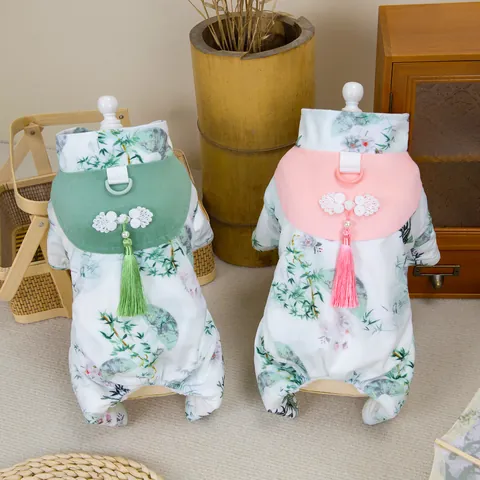 Traditionele Chinese Stijl Katoenen Hondenjas Bamboeprint Hanfu Kwastjes Chinese Knoopsluiting Winter Warm Huisdier Kleding
