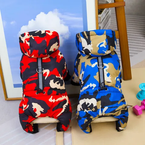 Waterproof Camouflage Pet Jumpsuit Winter Warm Fleece Lined Dog Coat With Reflective Strips D-Ring Hooded Four-Legged Apparel