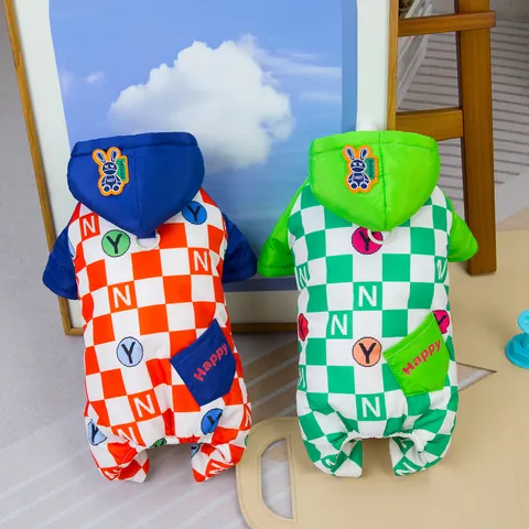 Tuta Invernale per Animali Domestici Impermeabile Nylon Cappotto Imbottito con Fodera in Pile Scacchiera con Cappuccio Vestiti per Cani