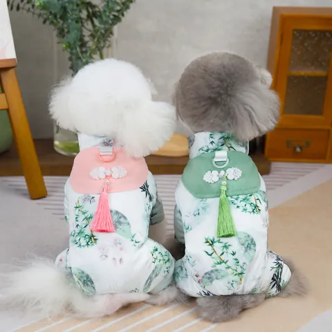 Traditionele Chinese Stijl Katoenen Hondenjas Bamboeprint Hanfu Kwastjes Chinese Knoopsluiting Winter Warm Huisdier Kleding