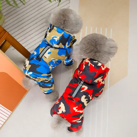 Waterproof Camouflage Pet Jumpsuit Winter Warm Fleece Lined Dog Coat With Reflective Strips D-Ring Hooded Four-Legged Apparel