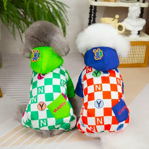 Tuta Invernale per Animali Domestici Impermeabile Nylon Cappotto Imbottito con Fodera in Pile Scacchiera con Cappuccio Vestiti per Cani