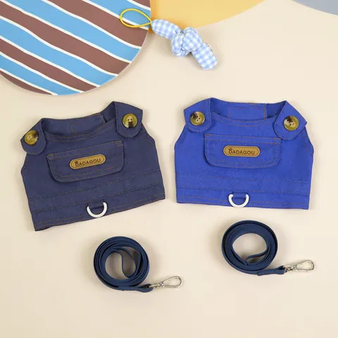 Pet Dog Cat Cotton Denim Style Harness And Leash For Small Medium Dogs Casual Puppies Adjustable Walking Vest Lead