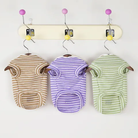 Striped Pet T-Shirt Soft Breathable Polyester Apparel With Leash D-Ring Lapel Collar For Small Dogs Cats Puppy Clothes