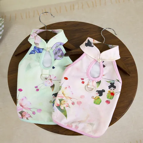 Haustier Chinesisch Vintage Cheongsam Weste Traditioneller Blumenmuster Hund Katze Kleidung Mit D-Ring Leine Befestigung