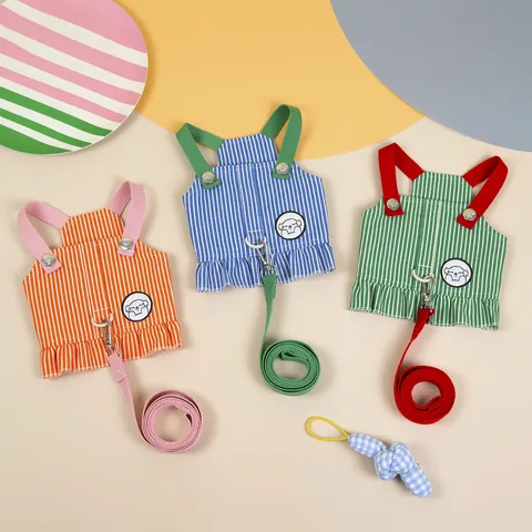 Striped Pet Harness And Leash Cotton Denim Vest Style Breathable Harness With Ruffle Edge For Small Dogs Cats Puppy Kitty