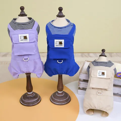 Pet Dog Cat Four-Legged Overalls Striped Shirt Romper Outfit With Pocket D-Ring Cotton Blend Small Animal Casual Clothes
