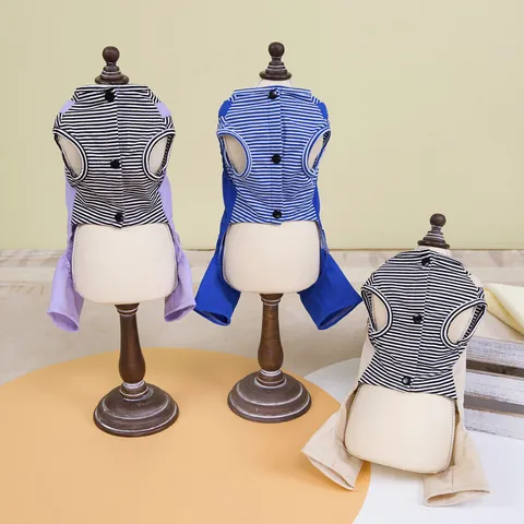Pet Dog Cat Four-Legged Overalls Striped Shirt Romper Outfit With Pocket D-Ring Cotton Blend Small Animal Casual Clothes