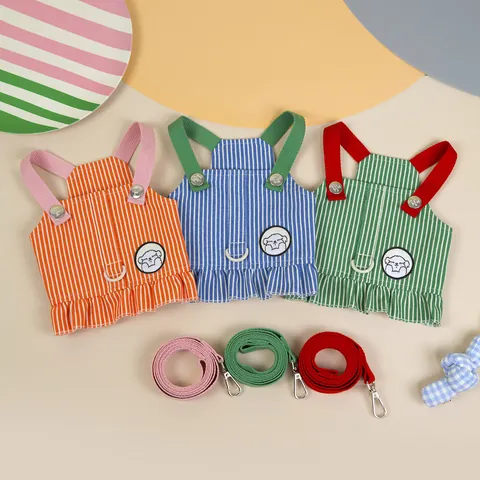 Striped Pet Harness And Leash Cotton Denim Vest Style Breathable Harness With Ruffle Edge For Small Dogs Cats Puppy Kitty
