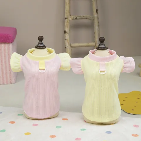 Gilet Animaux Maille Gaufrée Manches Volantes Nœud Anneau D Couleur Contrastée Débardeur Chien Pour Petits Chiens Chats Chiot