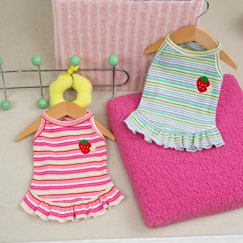 Cute Strawberry Embroidered Pet Dress Striped Ruffled Hem Cotton Small Dog Cat Summer Vest Apparel Puppy Kitties Princess Clothing