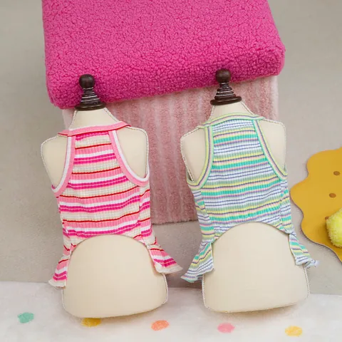 Cute Strawberry Embroidered Pet Dress Striped Ruffled Hem Cotton Small Dog Cat Summer Vest Apparel Puppy Kitties Princess Clothing