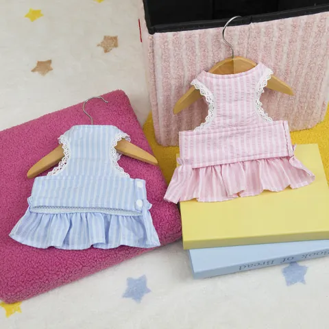 Sweet Stripe Pet Dress Harness Cotton Strawberry Embroidery Lace Ruffle Puppy Cat Clothing For Small Dogs Cats Outing Apparel